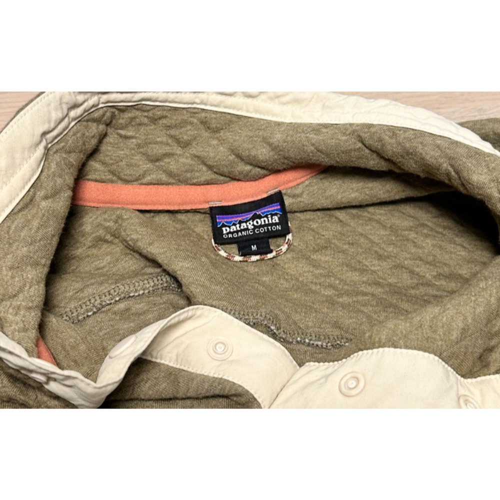 Patagonia Organic Cotton Quilt Snap T Green Cream Snap Collar Pullover Medium - Picture 8 of 9